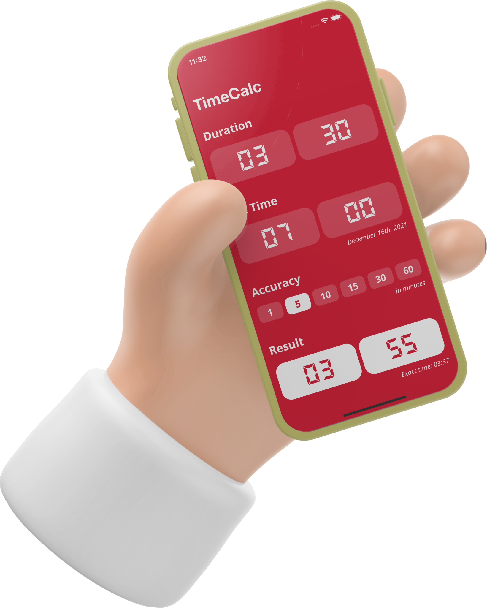 Phone running TimeCalc in hand